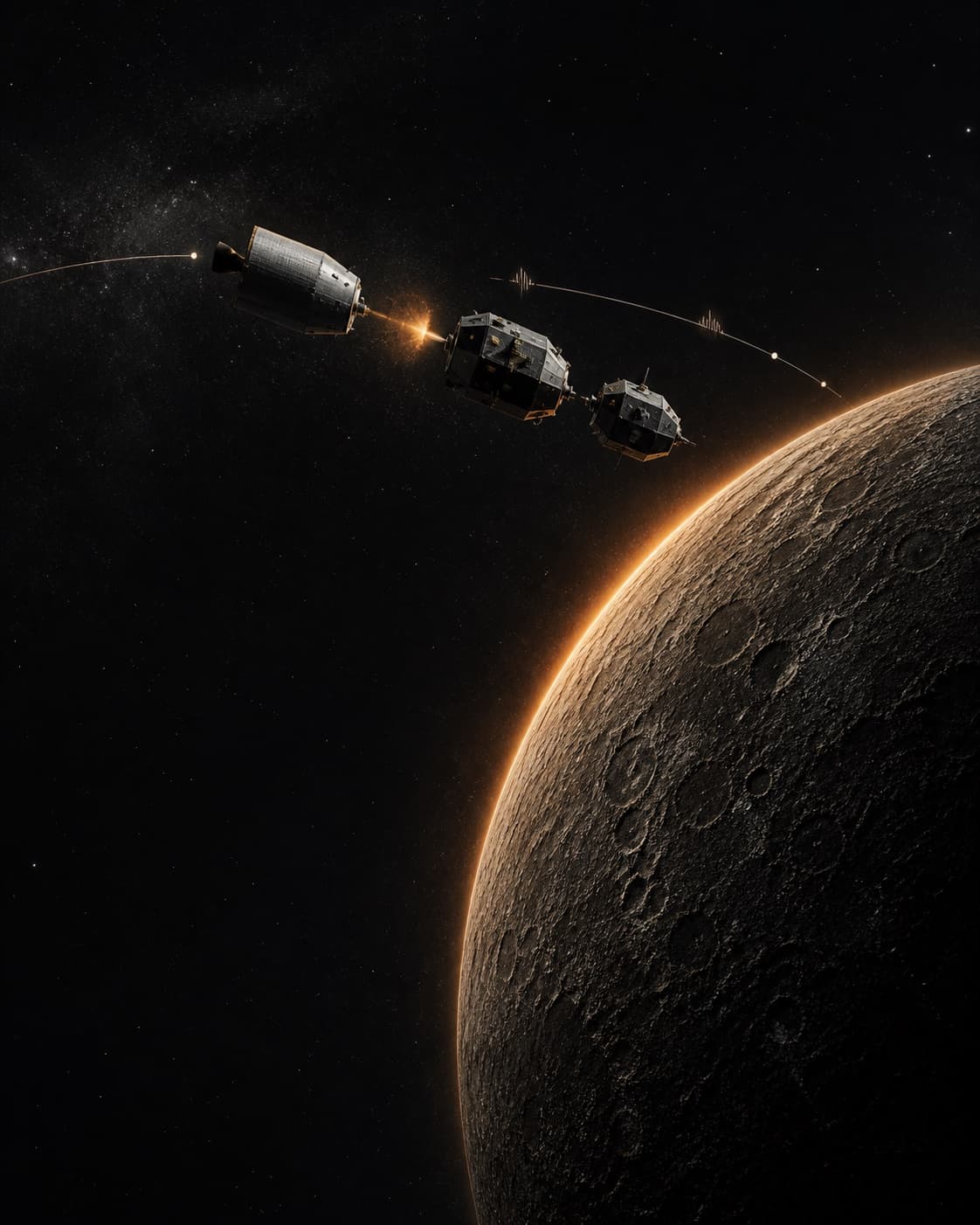 Conceptual editorial illustration of a three-part spacecraft separating above the cratered surface of Mercury