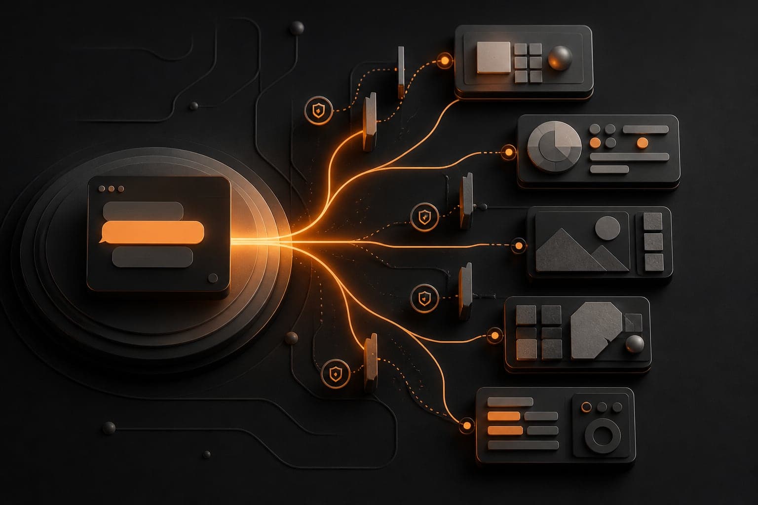 Conceptual editorial illustration of one intelligence signal branching through permission gates into several software interfaces